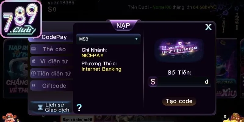 Các bước thao tác nạp tiền 789Club đơn giản, dễ thao tác